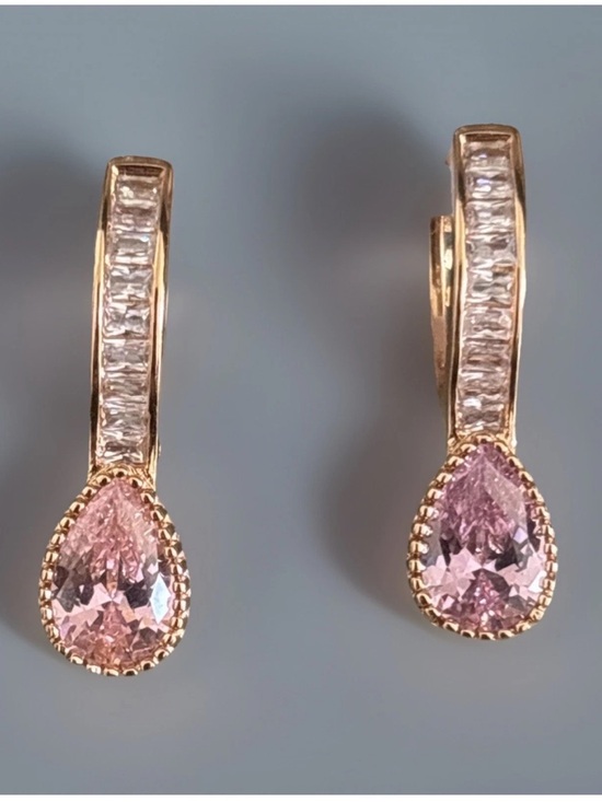 Jewelry - Rose Gold Plated Pink CZ Teardrop Dangle Hoop Earrings Baguette Accent